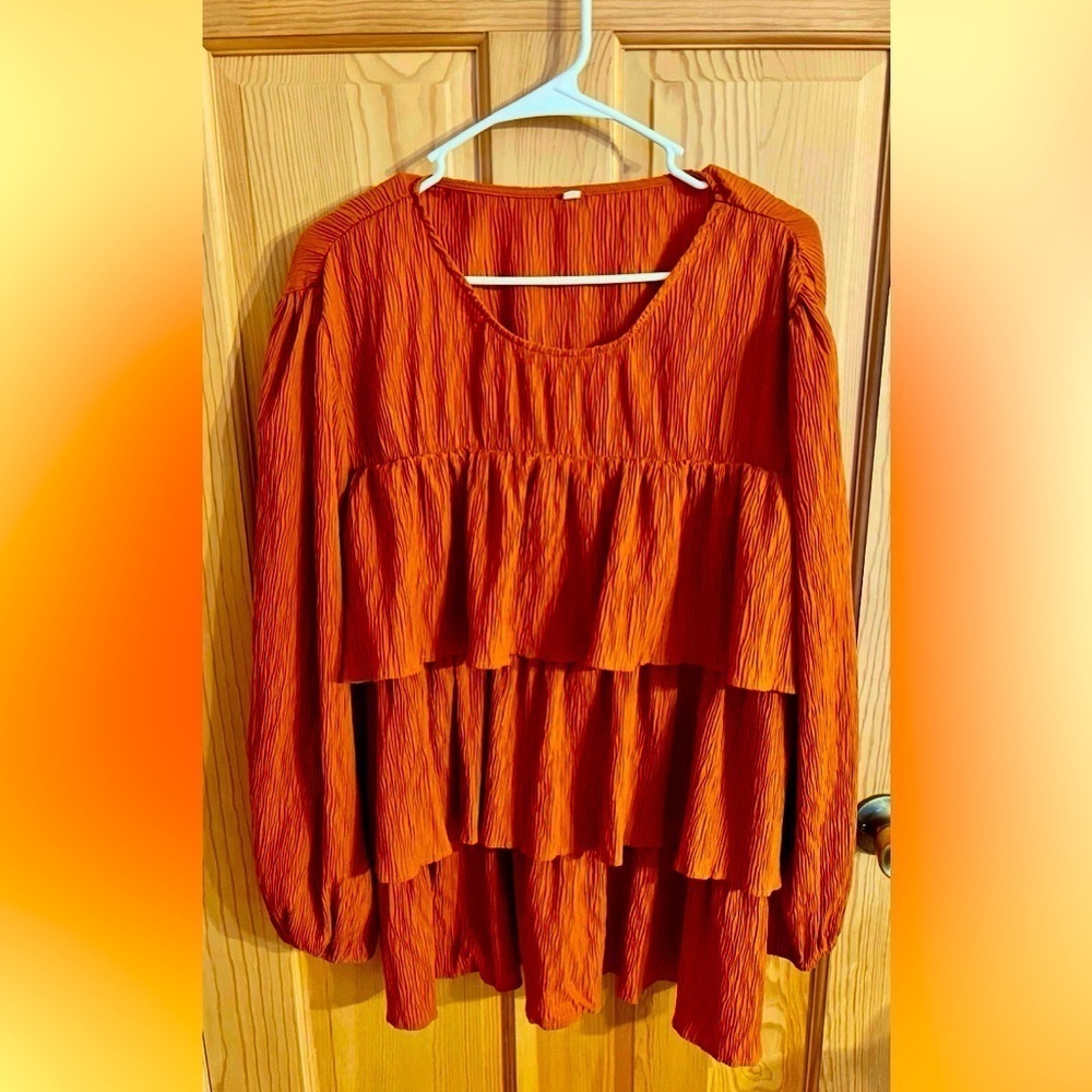 Burnt Orange Tiered Ruffle Blouse XL Non-Wrinkle Long Sleeve Boutique Top Pop On